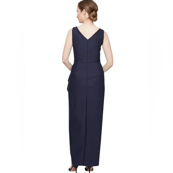 NWT Alex Evenings Navy Side Drape Tulip Hem Column Gown Size 4 Embellished